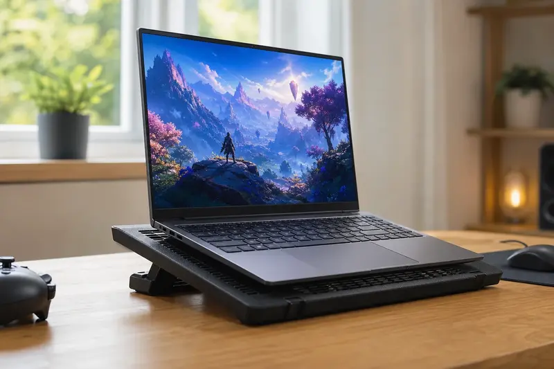 Notebook na chladiacej podložke s ventilátormi na pracovnom stole