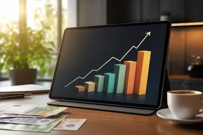Tablet s rastúcim grafom, eurá a káva pri investovaní počas práce v zahraničí